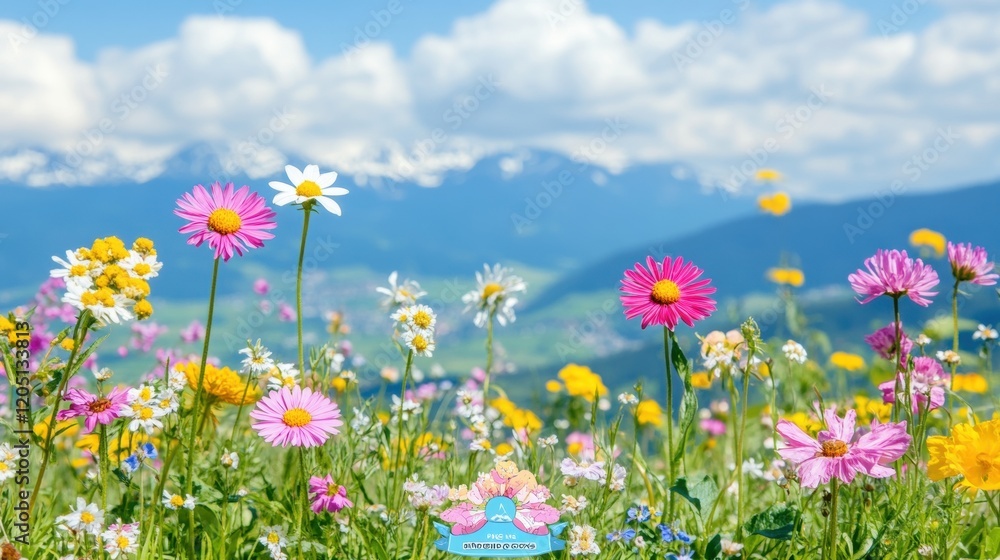 Vibrant Wildflower Field with Mountains and Blue Sky Background Vibrant Wildflower Field with Mountains and Blue Sky Background