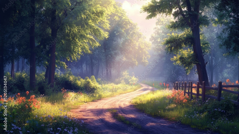 Obraz premium Serene Nature Pathway Through Lush Green Forest at Dawn