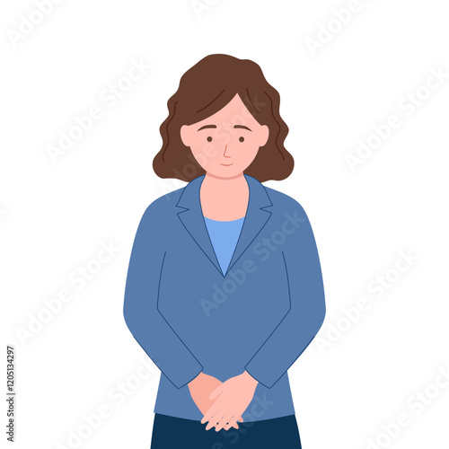 Woman wearing suit bow her head. I’m sorry in flat design on white background. Apologize.