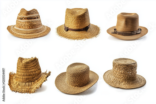 Collection of straw hats isolated on white background