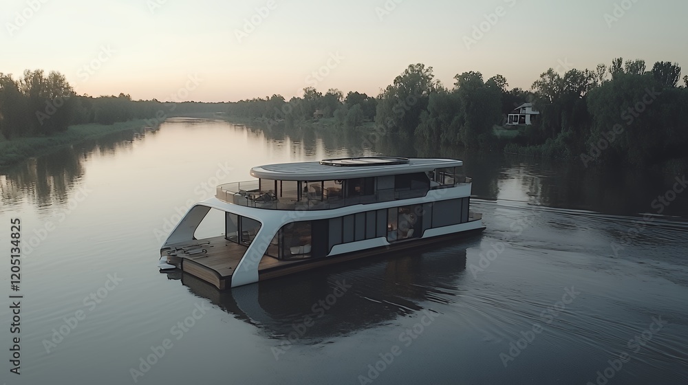 Naklejka premium Luxury Houseboat Cruise on Calm River at Sunset