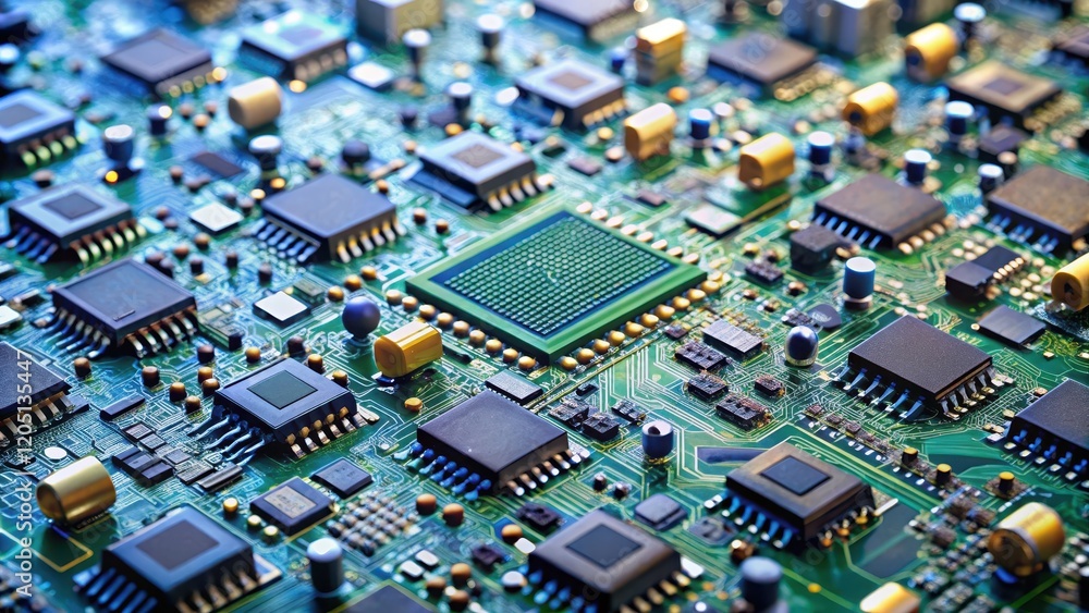 Tiny microchips are densely packed on a circuit board in a modern electronics factory, motherboard Tiny microchips are densely packed on a circuit board in a modern electronics factory, motherboard