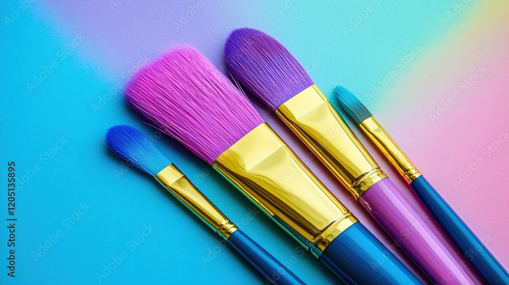 Vibrant Makeup Brushes with Soft Bristles on Colorful Background Vibrant Makeup Brushes with Soft Bristles on Colorful Background