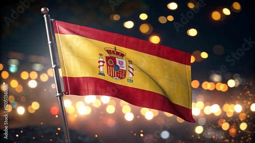 Majestic Spain flag waving against a night cityscape of fireworks