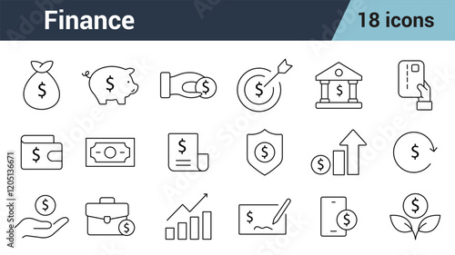 Finance Line Editable Icons set. Includes loan, cash, saving, financial goal, profit, budget, mutual fund, earning money and revenue and more. 