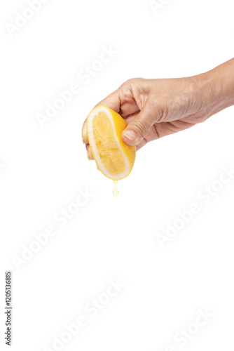 Εκτύπωση καμβά hand holding, squeezing lemon isolated on transparent png background