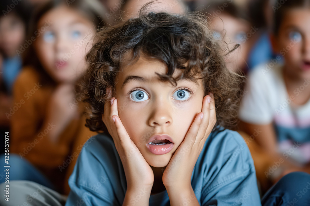 Astonished child with curly hair in a crowd stares wide-eyed in surprise Astonished child with curly hair in a crowd stares wide-eyed in surprise