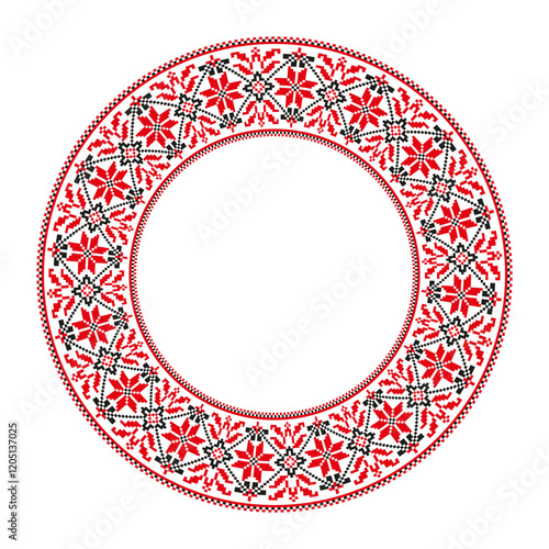 Ethnic Ukrainian seamless round patterns in the Slavic style. Slavic embroidery flowers. Ethnic traditional embroidery ornament of vyshyvanka. Cross-stitch drawing. Fashion background with ornate dish