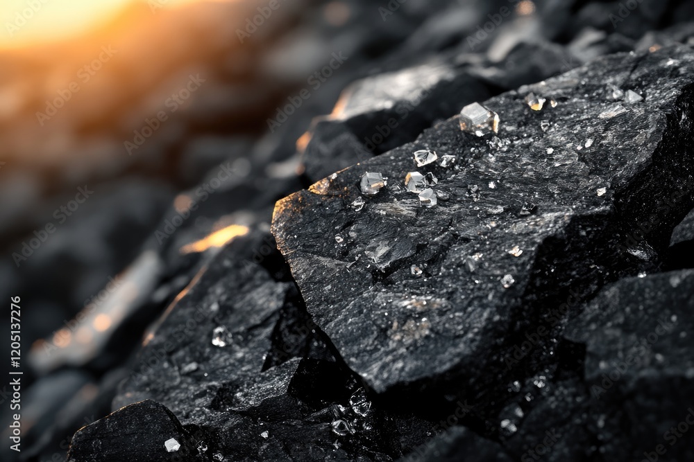Close-up of dark rocks with glittering crystals, bathed in golden sunlight. Close-up of dark rocks with glittering crystals, bathed in golden sunlight.