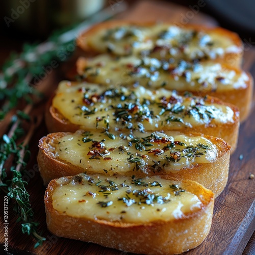 a crispy baguette sliced diagonally, each slice spread with a rich herb butter, served on a wooden board with sprigs of rosemary and thyme photo