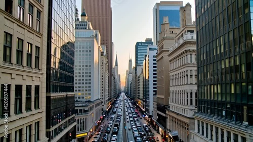 Vertical screen panning up reveals Fifth Avenue in Midtown Manhattan, New York City. Cars traverse street below and sun sets, casting a warm glow over the urban landscape