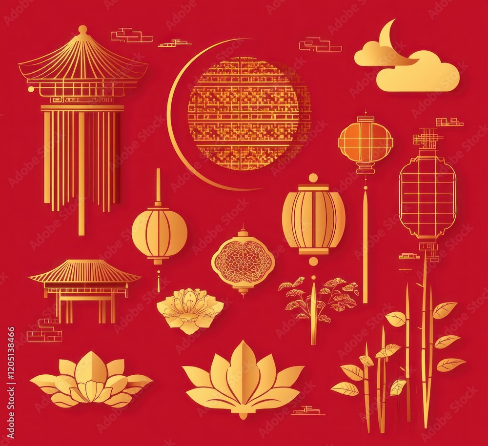 Fototapeta premium Golden Chinese New Year elements on red.