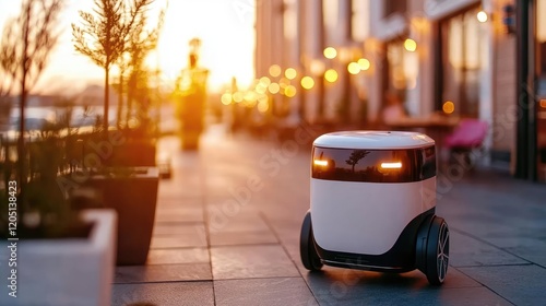 A futuristic delivery robot navigating city streets to bring products to eco-conscious urbanites photo