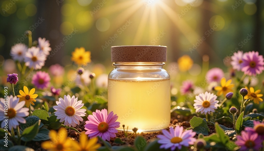 A Beautiful Close-up of a Jar of Golden Honey Surrounded by Colorful Flowers in Nature s Meadow A Beautiful Close-up of a Jar of Golden Honey Surrounded by Colorful Flowers in Nature s Meadow