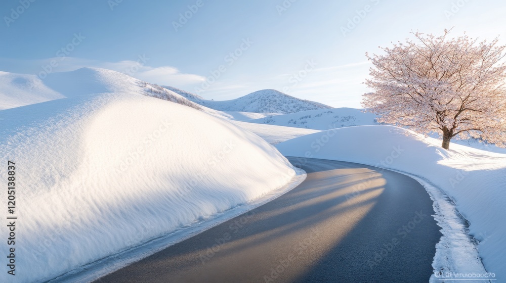 Country road features melting snowbanks and blooming cherry trees under soft sunlight Country road features melting snowbanks and blooming cherry trees under soft sunlight
