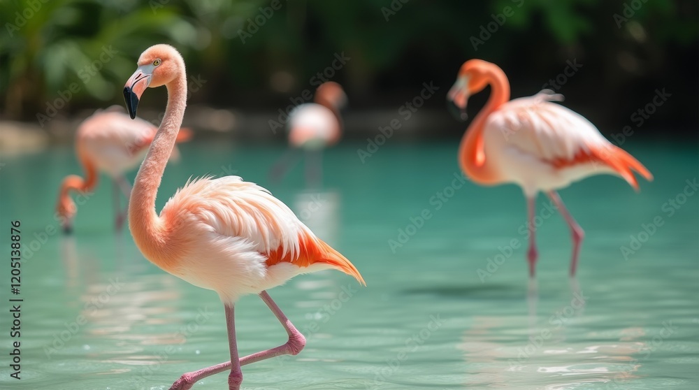 A baby flamingo balancing on one leg in a lagoon, surrounded by adult flamingos, showcasing the vibrant natural setting and elegance of these unique birds. A baby flamingo balancing on one leg in a lagoon, surrounded by adult flamingos, showcasing the vibrant natural setting and elegance of these unique birds.