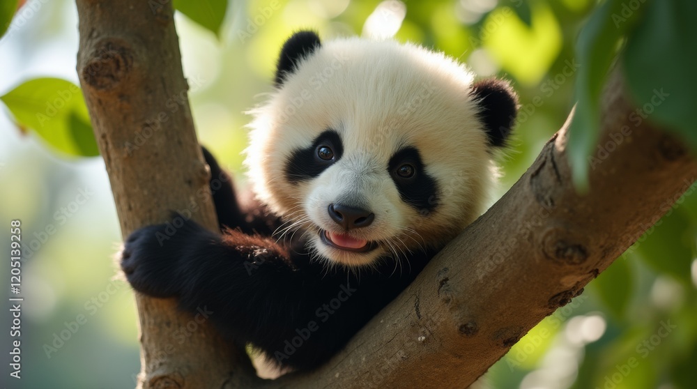 Fototapeta premium A close-up of a playful baby panda climbing a tree in a zoo exhibit, bathed in soft sunlight, celebrating the zoo's baby season.