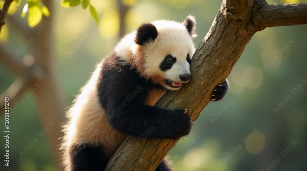 Obraz premium A close-up of a playful baby panda climbing a tree in a zoo exhibit, bathed in soft sunlight, celebrating the zoo's baby season.