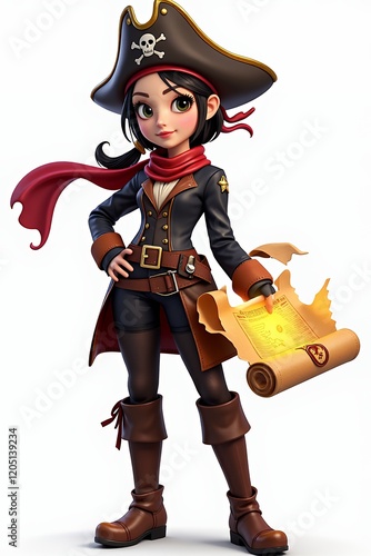 Adorable Cartoon Pirate Girl Character Holding Treasure Map 3D Render