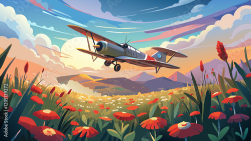 A German World War I era aircraft flying high above a vast meadow of wildflowers, with no military markings, far from the ground. The scene is painted in a soft watercolor style, with a light and drea