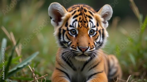 Close-up of a baby tiger sitting in tall grass, gazing curiously at its environment, capturing the innocence and wonder of young wildlife.