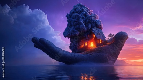 Mysterious hand emerges from water holding a glowing house against a dramatic purple sky photo