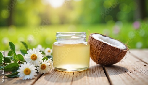 Natural Organic Coconut Oil Jar with Chamomile Flowers on Wooden Table photo