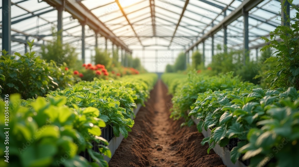 An organized greenhouse with various plants at different growth stages, including flowers, herbs, and vegetables, receiving soft sunlight through roof panels. An organized greenhouse with various plants at different growth stages, including flowers, herbs, and vegetables, receiving soft sunlight through roof panels.