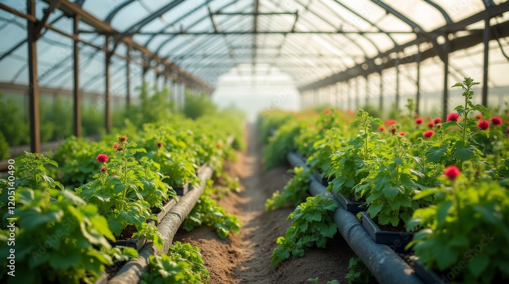 An organized greenhouse with various plants at different growth stages, including flowers, herbs, and vegetables, receiving soft sunlight through roof panels. An organized greenhouse with various plants at different growth stages, including flowers, herbs, and vegetables, receiving soft sunlight through roof panels.