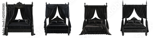 Luxurious black canopy bed with velvet curtains and ornate headboard in a dramatic high end bedroom interior design featuring classic gothic or renaissance architectural elements and decor