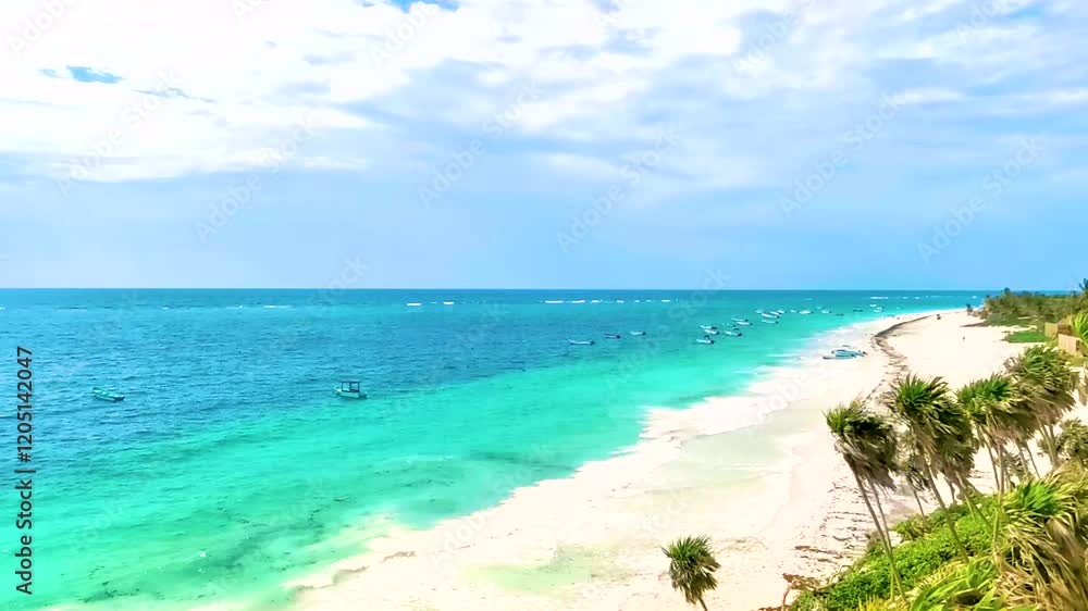 Playa Santa Fe tropical paradise beach panorama view Tulum Mexico. Playa Santa Fe tropical paradise beach panorama view Tulum Mexico.