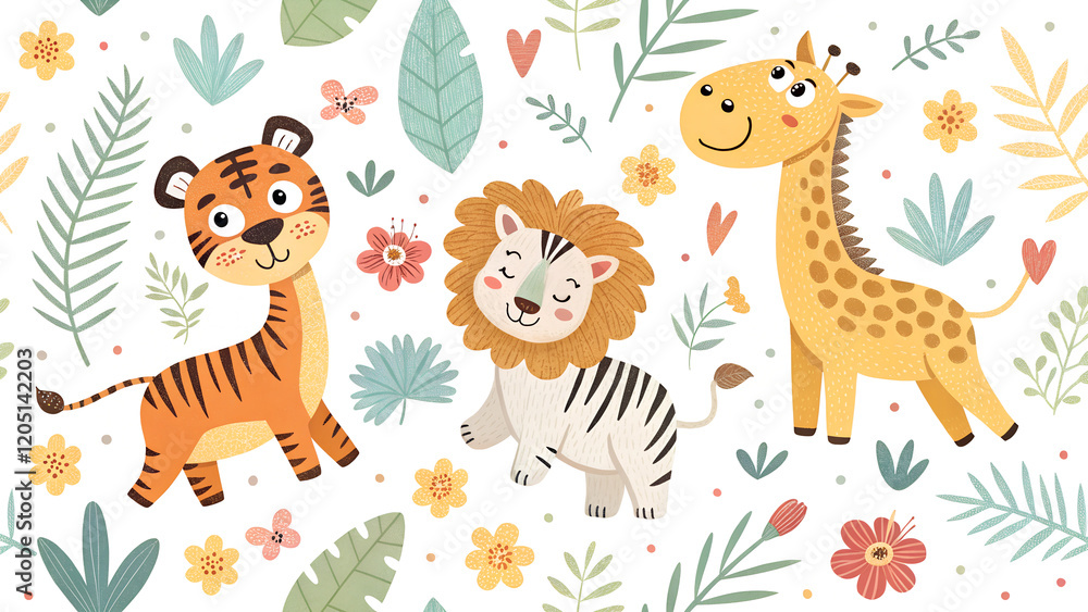 Fototapeta premium colorful seamless pattern for kids with giraffe, lion, tiger
