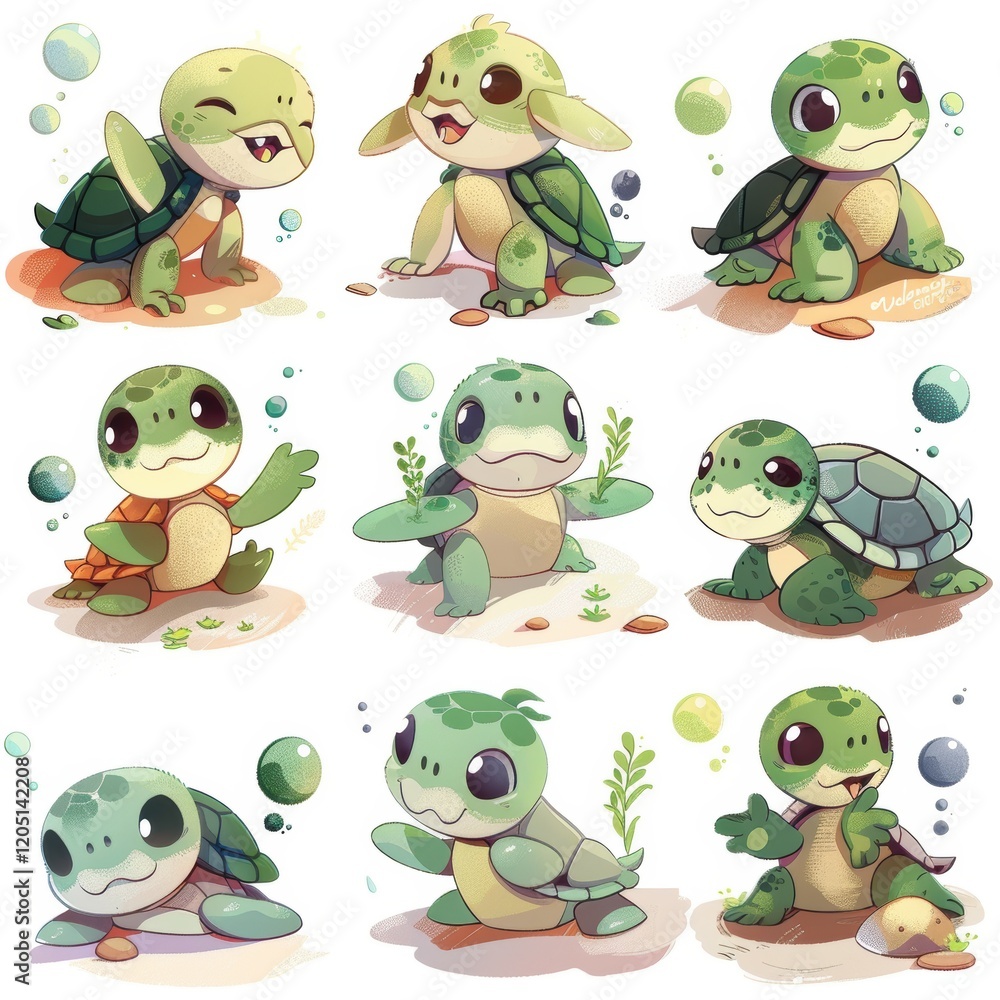 Fototapeta premium Series of cute turtle drawings with different poses and expressions