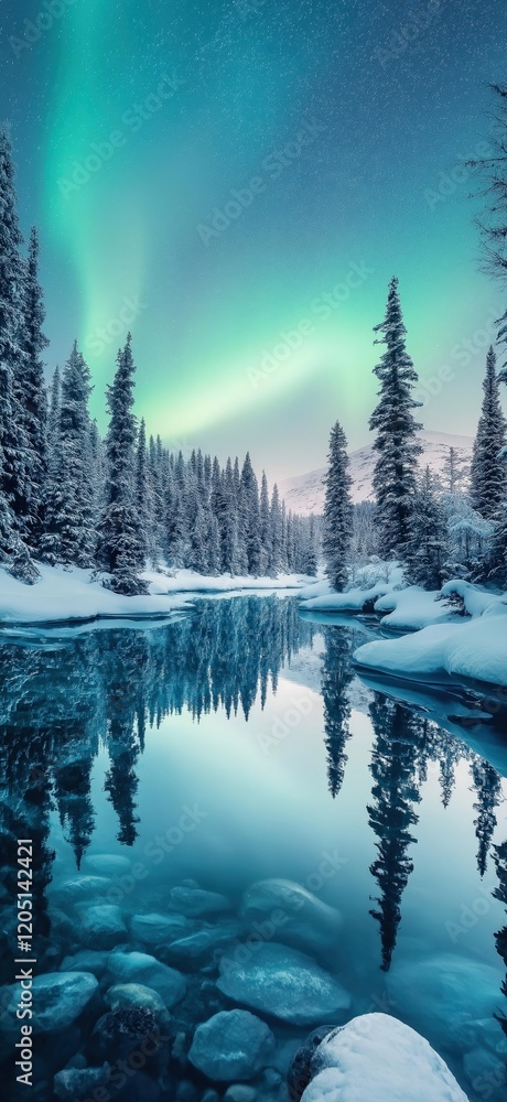 Enchanting winter night in a serene forest with dancing northern lights over a tranquil river Enchanting winter night in a serene forest with dancing northern lights over a tranquil river