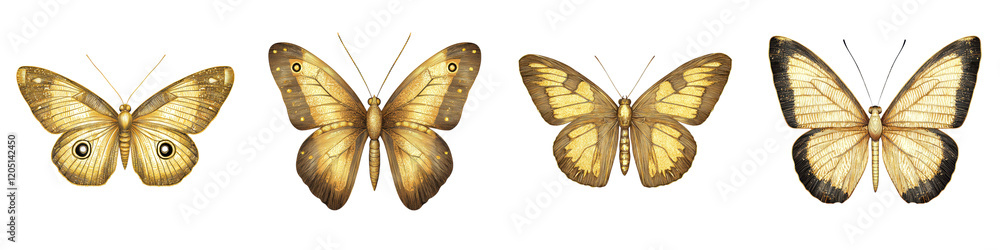 Four captivating golden butterflies with intricate symmetrical wing patterns and delicate features showcasing the beauty and diversity of these incredible insects in their natural environment Four captivating golden butterflies with intricate symmetrical wing patterns and delicate features showcasing the beauty and diversity of these incredible insects in their natural environment