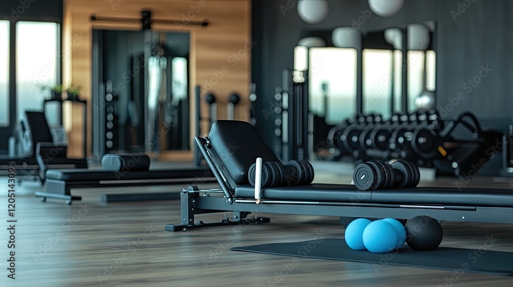 Fototapeta premium A professional studio setup with neatly aligned reformer machines, mats, and props for a Pilates session