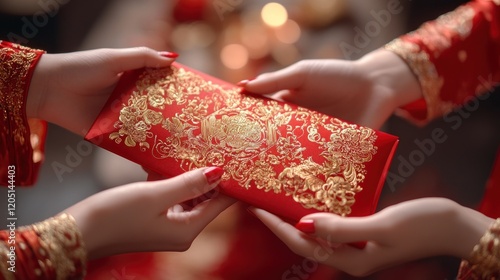 Hands Exchanging Red Envelopes with Intricate Gold Designs