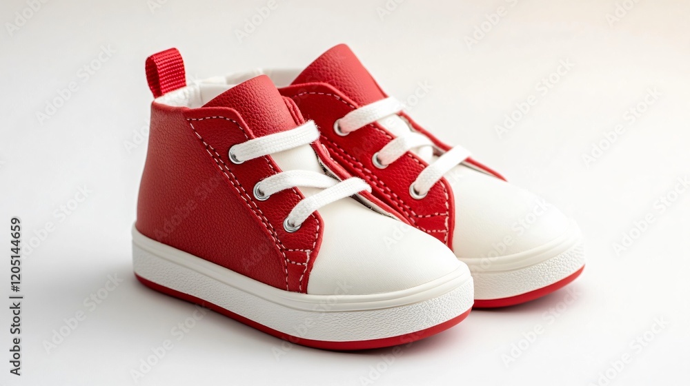 Tiny red and white baby sneakers with striped soles, on a clean white background Tiny red and white baby sneakers with striped soles, on a clean white background