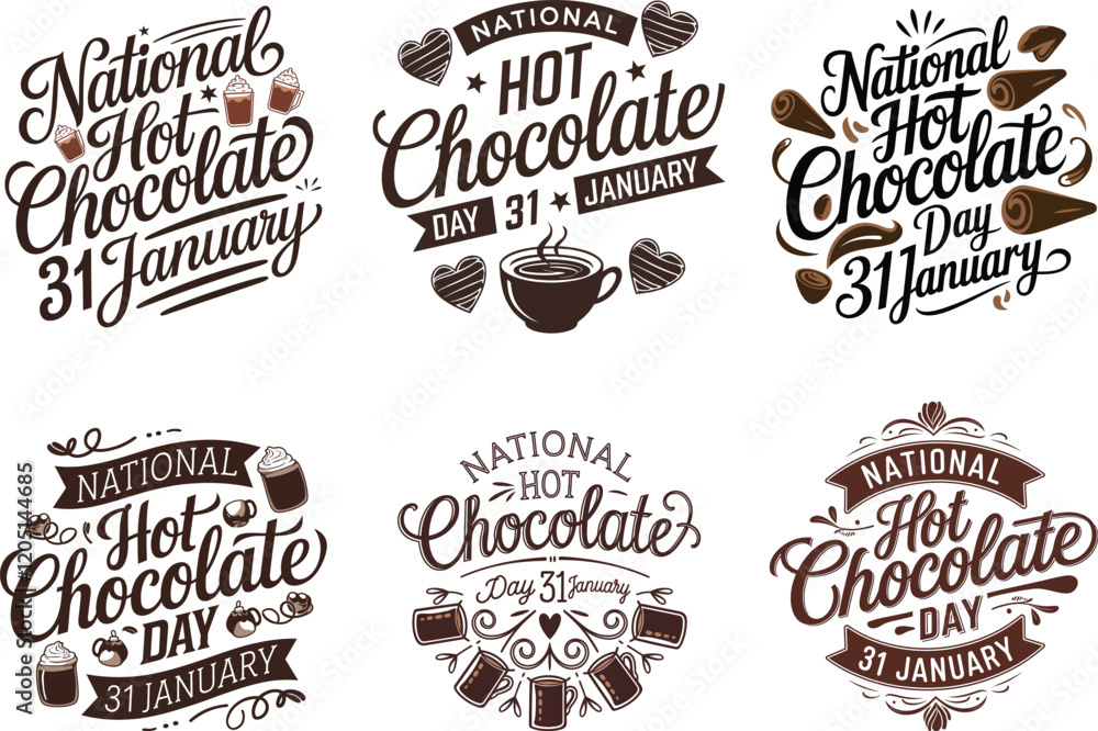 Fototapeta premium Set of National Hot Chocolate Day to celebrate on January 31st. Bold text and calligraphic text with chocolate bar pieces on beige background. Drink event banner.