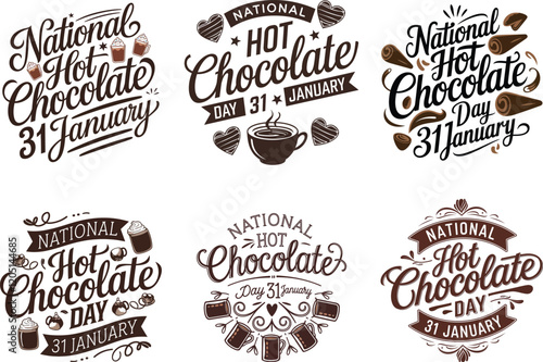 Set of National Hot Chocolate Day to celebrate on January 31st. Bold text and calligraphic text with chocolate bar pieces on beige background. Drink event banner.