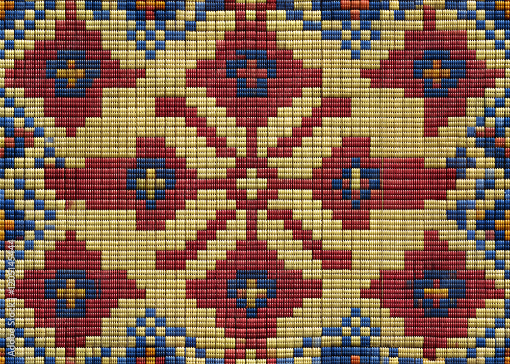 Floral Pixel Pattern: Intricate floral design in pixel art style. A symmetrical pattern with shades of red, beige and blue creates a visually captivating textile or digital background. Floral Pixel Pattern: Intricate floral design in pixel art style. A symmetrical pattern with shades of red, beige and blue creates a visually captivating textile or digital background.