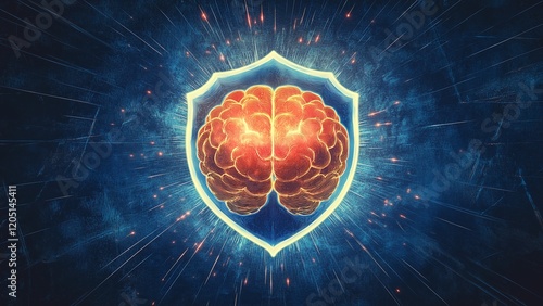 An illustration of a glowing colourful brain surrounded by a shield of light, symbolizing mental resilience and protection