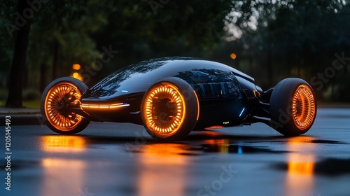 Futuristic black vehicle with illuminated orange wheels on a wet asphalt surface at dusk