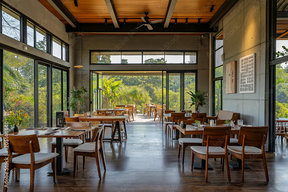 Obraz premium Spacious Bright Cafe Interior with Concrete Walls Wooden Floor and Stylish Seating