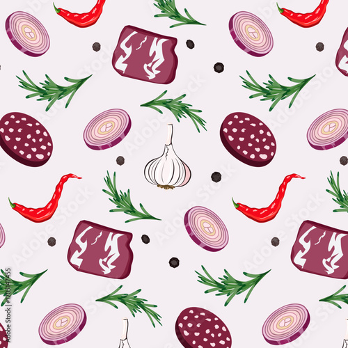 Pattern with sausage and bacon.Vector seamless pattern with sausage, bacon, garlic, red pepper and onion on a colored background.