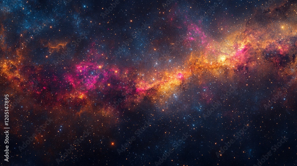 Obraz premium view of the Milky Way's galactic core, glowing with radiant hues of gold, pink, and deep blue