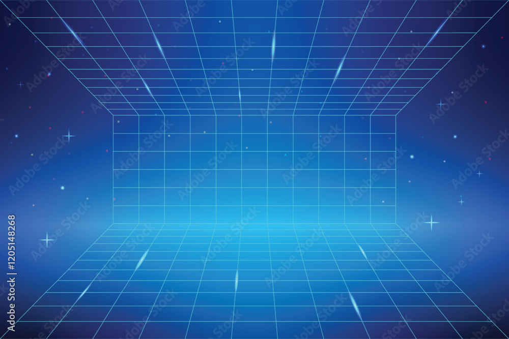 Abstract digital banner with glowing cyber grid. Futuristic perspective of cyberspace and metaverse. Wireframe net background. Game design. Neon 3D vector illustration in retro futurism style Abstract digital banner with glowing cyber grid. Futuristic perspective of cyberspace and metaverse. Wireframe net background. Game design. Neon 3D vector illustration in retro futurism style