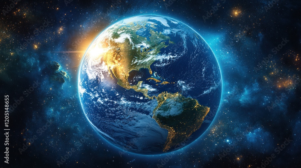 Obraz premium Realistic Depiction of Earth from Space Illuminated in Bright Colors