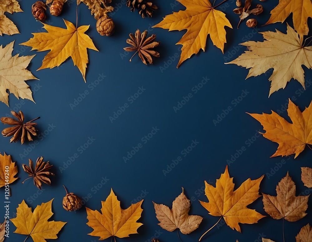 Autumn leaves frame a teal background Autumn leaves frame a teal background