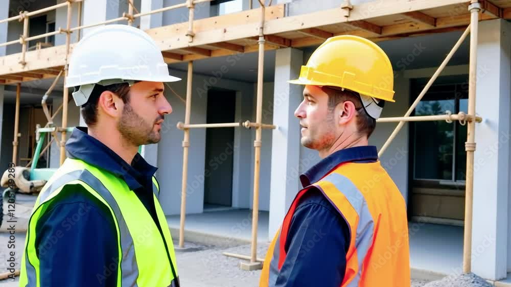 Two construction workers in safety gear observe a building site with scaffolding. Two construction workers in safety gear observe a building site with scaffolding.